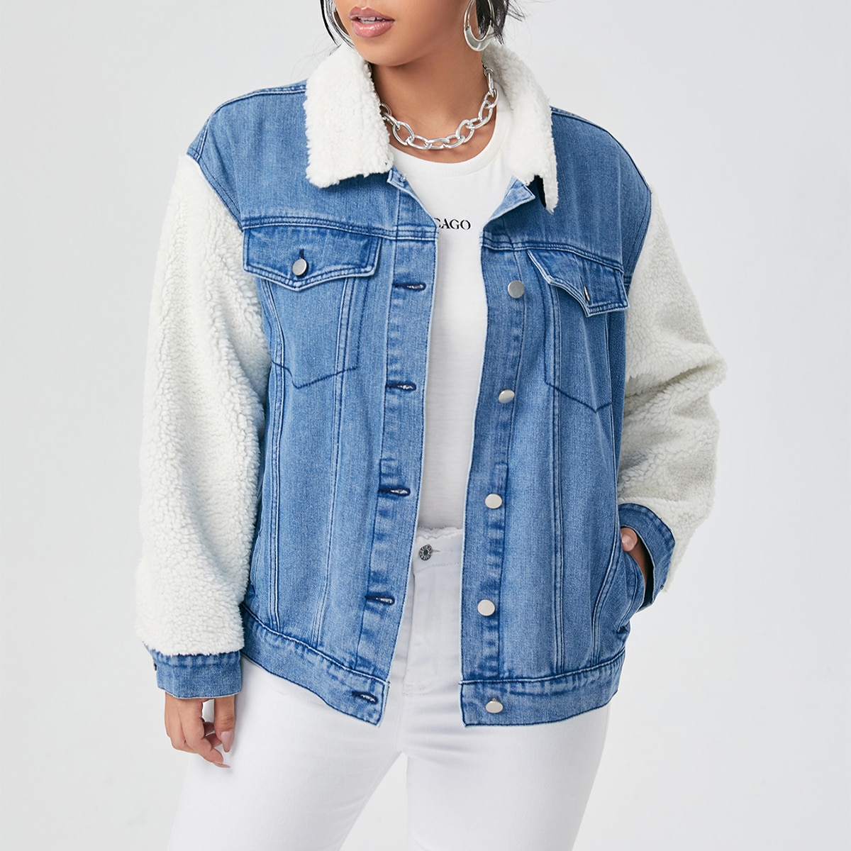   SheIn размера плюс Джинсовая куртка плюшевый контрастный