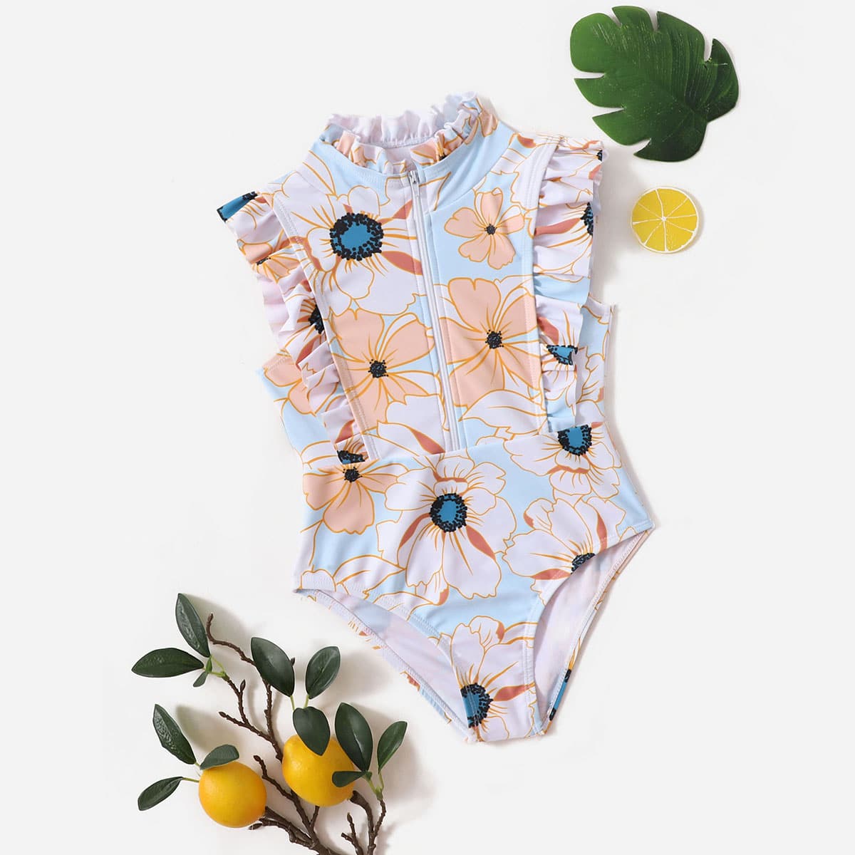   SheIn для девочек Слитный купальник с цветочным принтом с оборкой на молнии