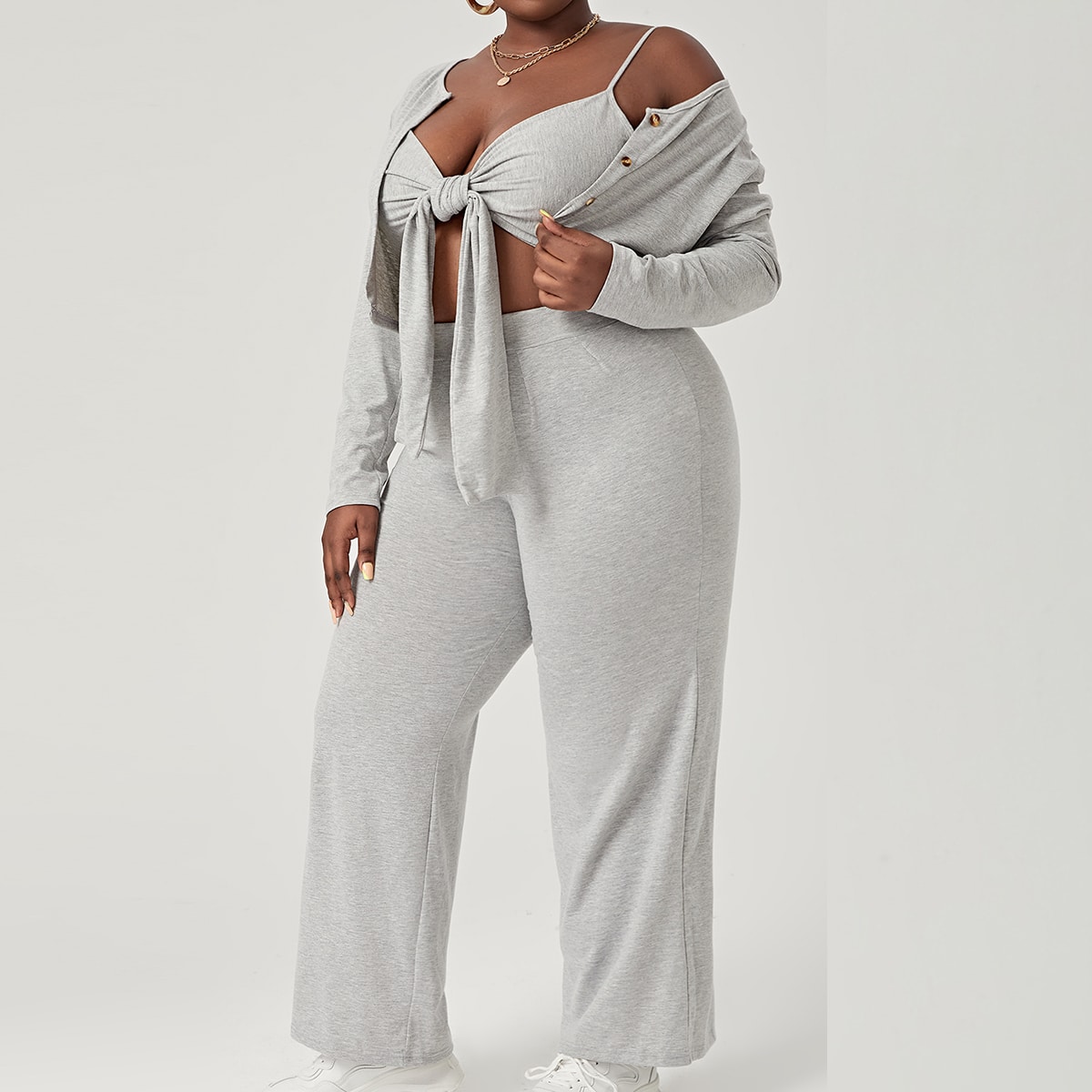   SheIn на пуговицах узел Одноцветный Повседневный Комплект из двух предметов размера плюс
