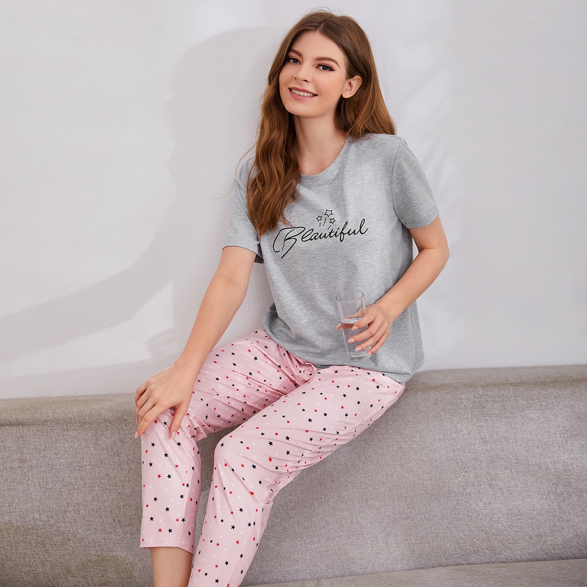   SheIn Пижама с принтом буквы и звезды принтом