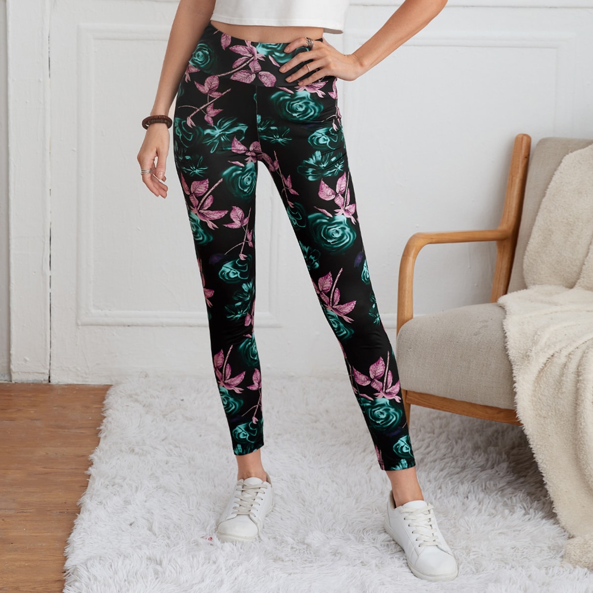   SheIn Леггинсы с цветочным принтом с высокой талией