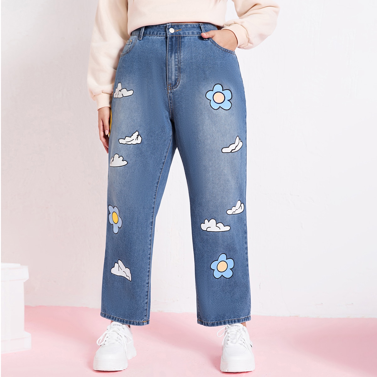   SheIn размера плюс Джинсы с высокой талией с цветочным принтом деньги