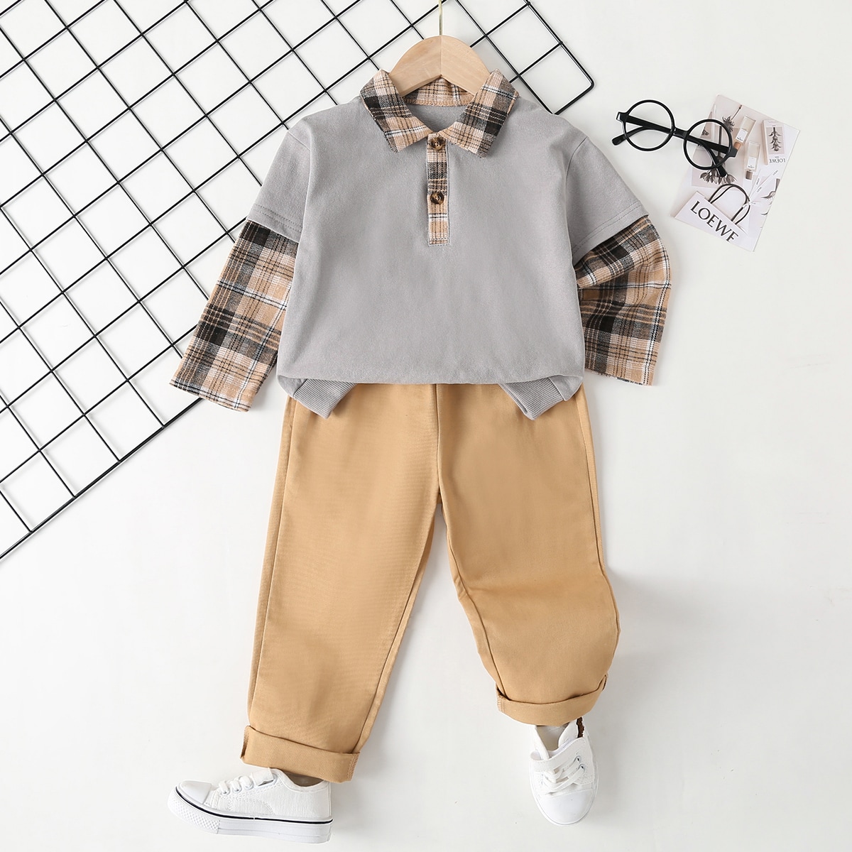   SheIn на пуговицах Клетка Повседневный Комплект из двух предметов для мальчиков