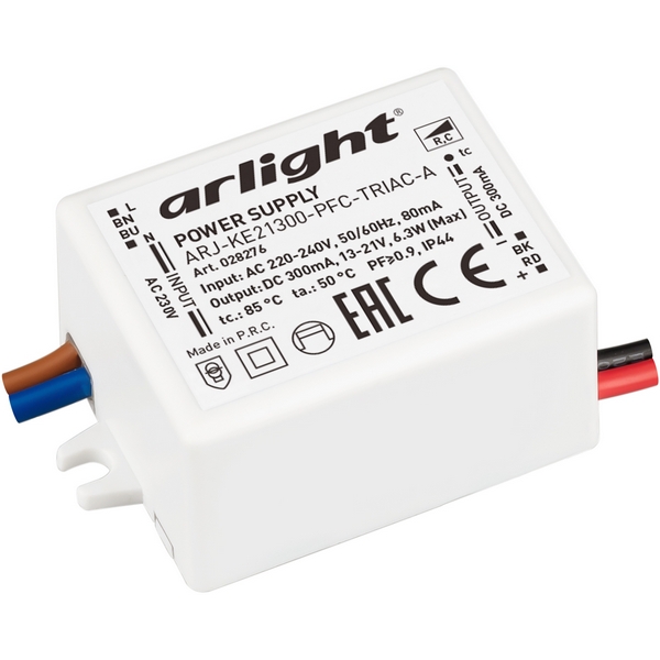 Блок питания ARJ-KE21300-PFC-TRIAC-A (6.3W, 300mA) (Arlight, IP44 Пластик, 5 лет) 028276