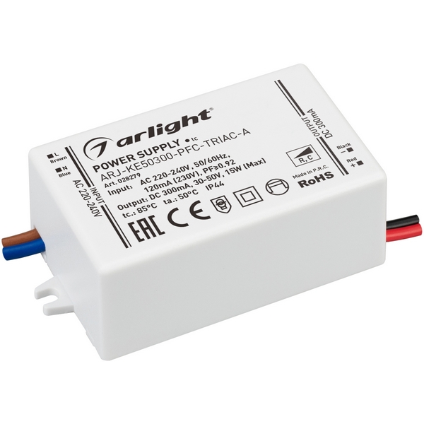 Блок питания ARJ-KE50300-PFC-TRIAC-A (15W, 300mA) (Arlight, IP44 Пластик, 5 лет) 028279