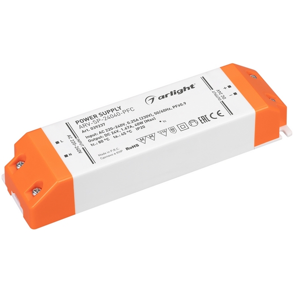 Блок питания ARV-SP-24040-PFC (24V, 1.67A, 40W) (Arlight, IP20 Пластик, 5 лет) 039237