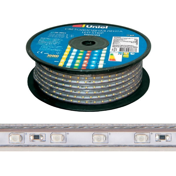 Светодиодные ленты  Люстрон Светодиодная лента ULS-2835-60LED/m-10mm-IP67-220V-8W/m-50M-YELLOW бобина Uniel
