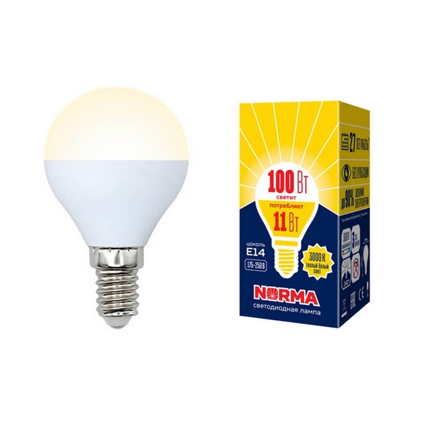 Лампочка светодиодная LED-G45-11W/WW/E14/FR/NR картон Volpe