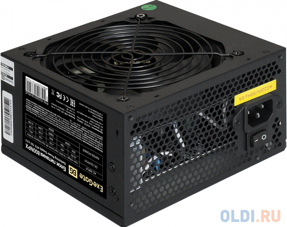 Блок питания 800W ExeGate 800NPX (ATX, SC, 12cm fan, 24pin, 2x(4+4)pin, PCI-E, 3xSATA, 2xIDE, black, кабель 220V с защитой от выдергивания)