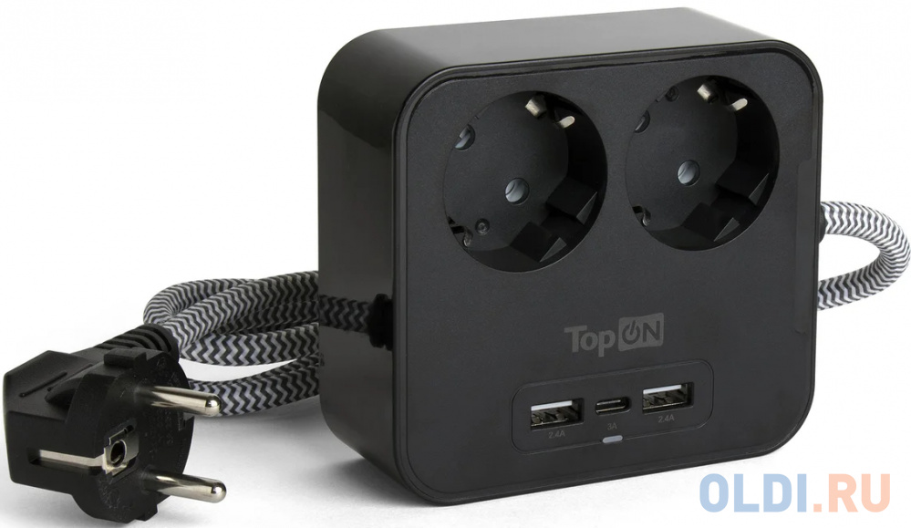 TopOn Сетевой фильтр TOP-PWS2 на 2 розетки с 2 USB-A и USB-C, 4000W, 1.5 м Черный TOP-PWS2B