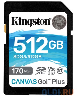 Карты памяти SD Kingston  ОЛДИ Флеш карта SDXC 512Gb  Kingston SDXC, UHS-I Class U3 V30, чтение: 170Мб/с, запись: 90Мб/с <SDG3/512GB>