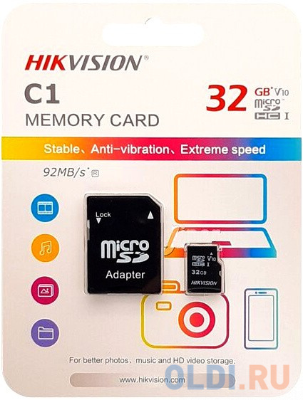 Флеш карта microSDHC 32GB Hikvision HS-TF-C1(STD)/32G/Adapter <HS-TF-C1(STD)/32G/Adapter>  (с SD адаптером) R/W Speed 92/20MB/s , V10