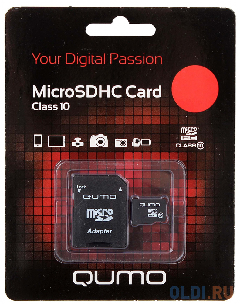   ОЛДИ Карта памяти Micro SDHC 4Gb class 10 QUMO QM4GMICSDHC10 + SD adapter