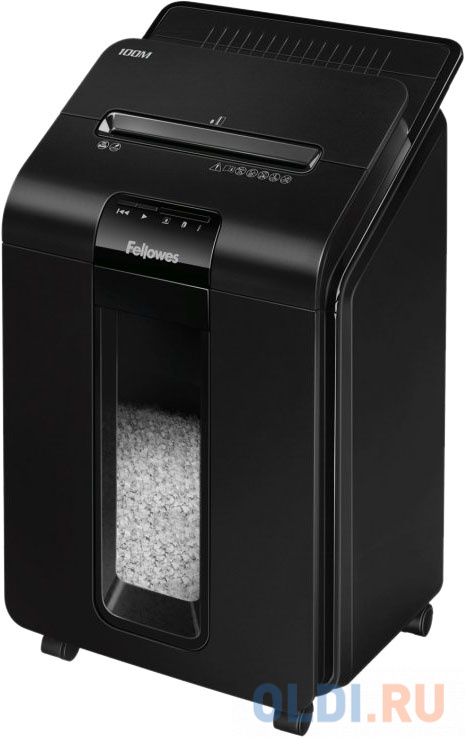 Шредеры Fellowes Шредер Fellowes AutoMax 100M, минирезка, DIN P-4, 4х10 мм, автоподача 100 лст., 23 лтр., автореверс, уничт.: скобы, скрепки, пл. карты.