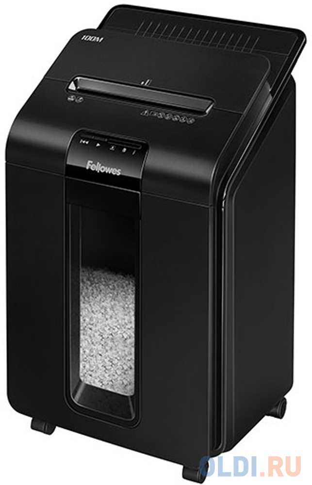 Fellowes Шредер AutoMax 100M FS-4629201 {(секр.P-4)/минирезка/100лист./23лтр./Уничт:скрепки, скобы, пл.карты,автореверс}