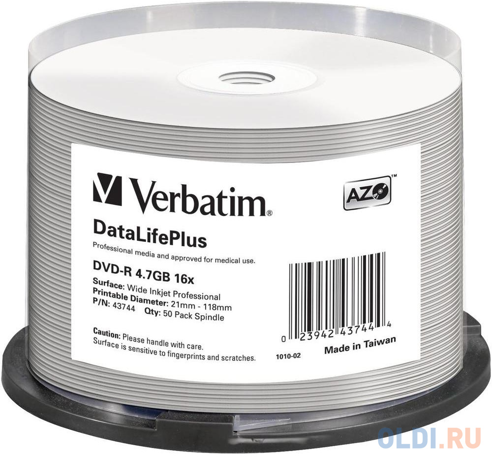 Диски DVD-R Verbatim 16x 4.7Gb Cake Box 50шт Printable 43744