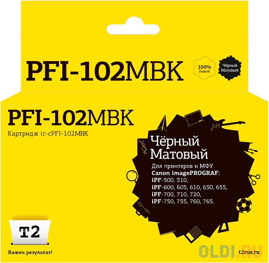 Струйные картриджи T2  ОЛДИ IC-CPFI-102MBK Картридж T2 для Canon imagePROGRAF iPF-500/510/600/605/610/650/655/700/710/720/750/755/760/765, матовый черный