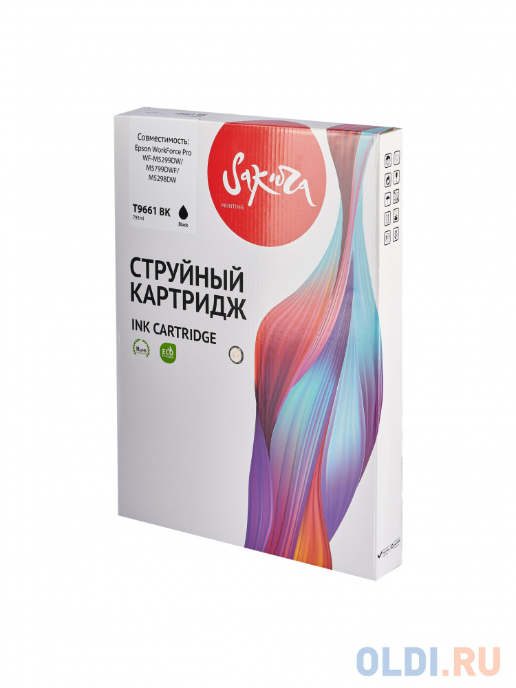 Контейнер с чернилами Sakura C13T966140 (T9661 BK) для Epson WorkForce Pro WF-M5299DW/M5799DWF/M5298DW, пигментный тип чернил, черный, 795 мл., 40000