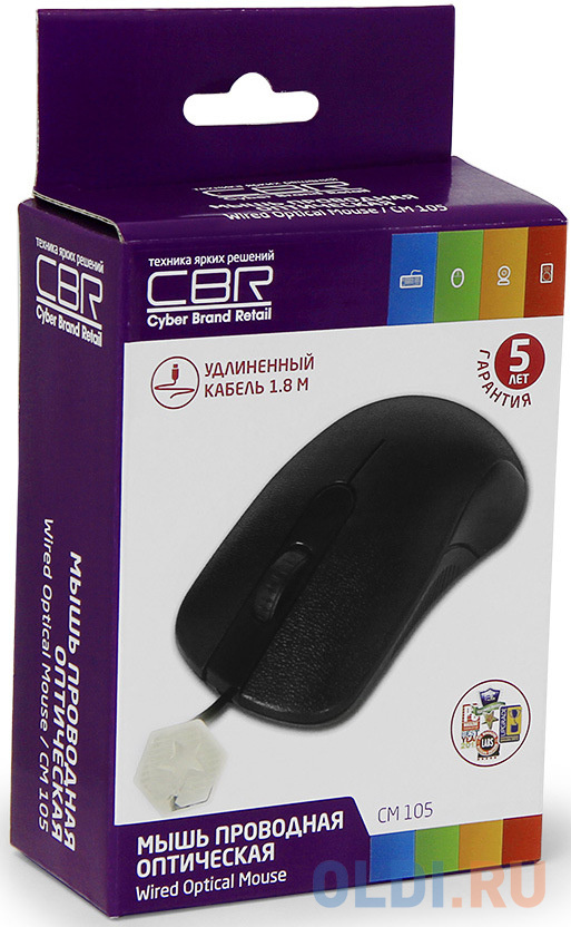 Мышь CBR CM 105 Black, оптика, 1200dpi, офисн., провод 1,8м, USB