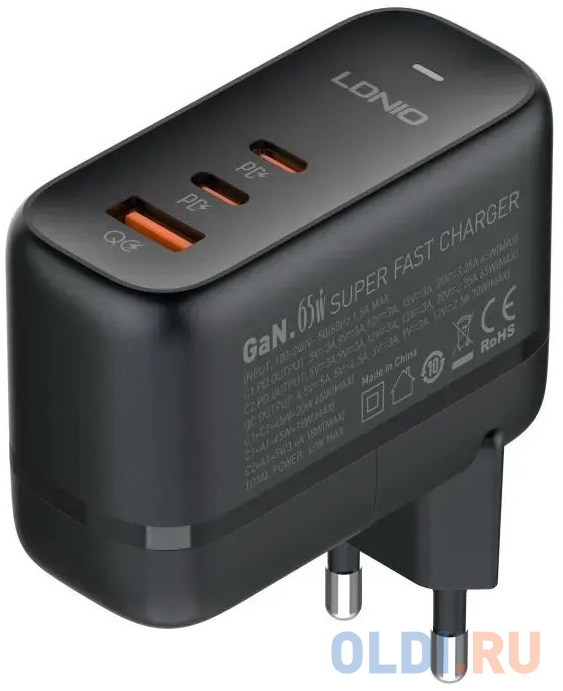 PERFEO LD_C3473  LDNIO Q366/ Сетевое ЗУ GaN + Кабель PD/ PD+PPS+SCP+QC 4+/ 3 USB/  Выход: 3.3-20V, max 65W/ Black