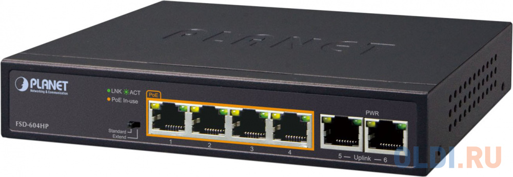 4-Port 10/100TX 802.3at POE + 2-Port 10/100TX Desktop Switch (60W POE Budget, 250m Extend mode, fanless, internal Power Supply)