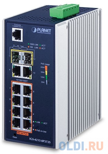 IP30 Industrial L2/L4 8-Port 10/100/1000T 802.3at PoE + 2-Port 10/100/100T + 2-Port 100/1000X SFP Managed Switch (-40~75 degrees C), dual redundant po