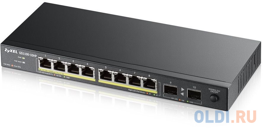 Коммутатор Zyxel GS1100-10HP GS1100-10HP-EU0102F 8G 2SFP 8PoE 130W неуправляемый