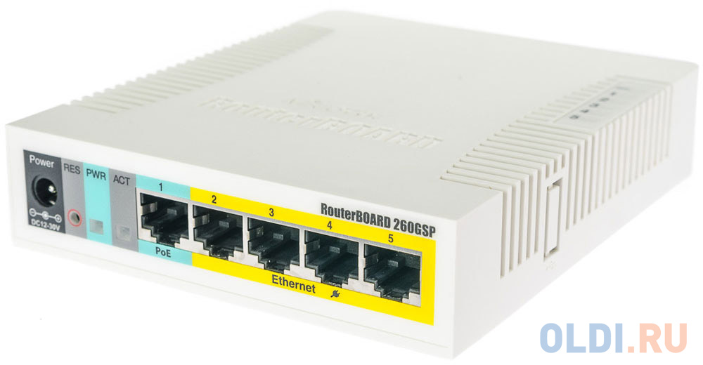 Коммутаторы MikroTik  ОЛДИ Коммутатор MikroTik CSS106-1G-4P-1S RB260GSP  with 5 Gigabit ports and SFP cage, SwOS, plastic case, PSU, POE-OUT