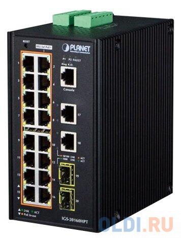 IP30 Industrial L2+/L4 16-Port 1000T 802.3at PoE+ 2-Port 1000T + 2-port 100/1000X SFP Full Managed Switch (-40 to 75 C, dual redundant power input on