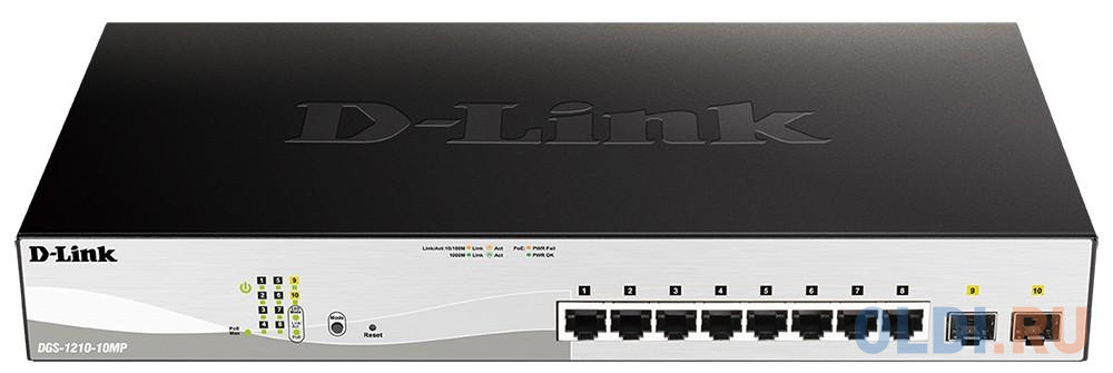  D-Link DGS-1210-10MP/FL1A Управляемый коммутатор 2 уровня с 8 портами 10/100/1000Base-T и 2 портами 1000Base-X SFP (8 портов с поддержкой PoE 802.3af/