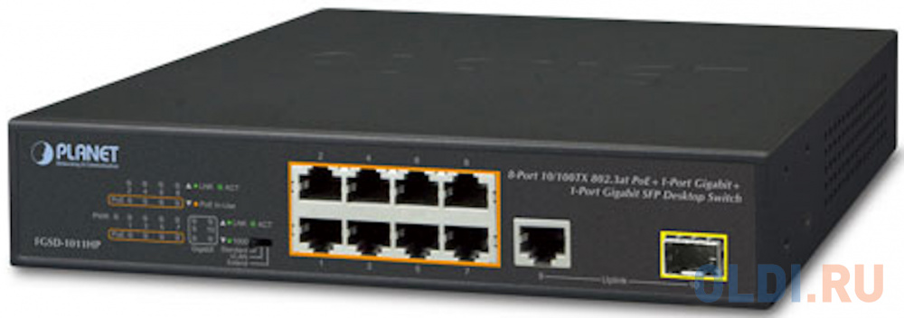 8-Port 10/100TX 802.3at PoE + 1-Port 10/100/1000T + 1-Port 100/1000X SFP Desktop Switch (120W PoE Budget, Standard/VLAN/Extend mode, 10-inch and rack-