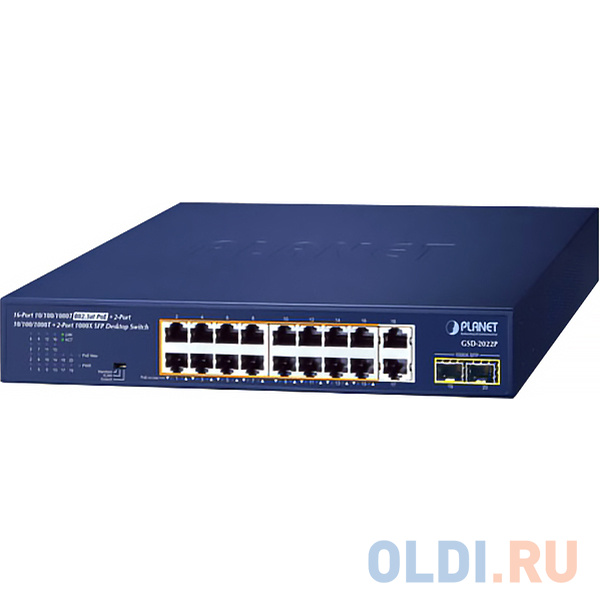 PLANET GSD-2022P 16-Port 10/100/1000T 802.3at PoE + 2-Port 10/100/1000T + 2-Port 1000X SFP Unmanaged Gigabit Ethernet Switch (185W PoE Budget, Standar