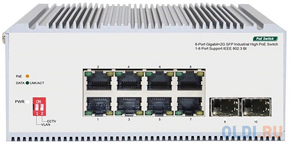 Unmanaged Industrial Switch 8x1000Base-T PoE, 2x1000Base-X SFP, PoE Budget 185W, Surge 4KV, -40 to 75°C