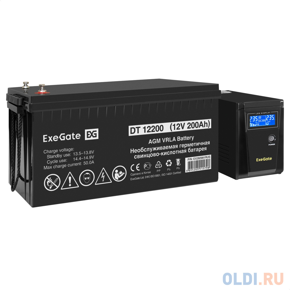   ОЛДИ Комплект ИБП EX295986RUS + батарея 200Aч EX282991RUS 1шт (инвертор, синус, для котла) ExeGate SineTower SZ-600.LCD.AVR.1SH <600VA/360W, чистый сину