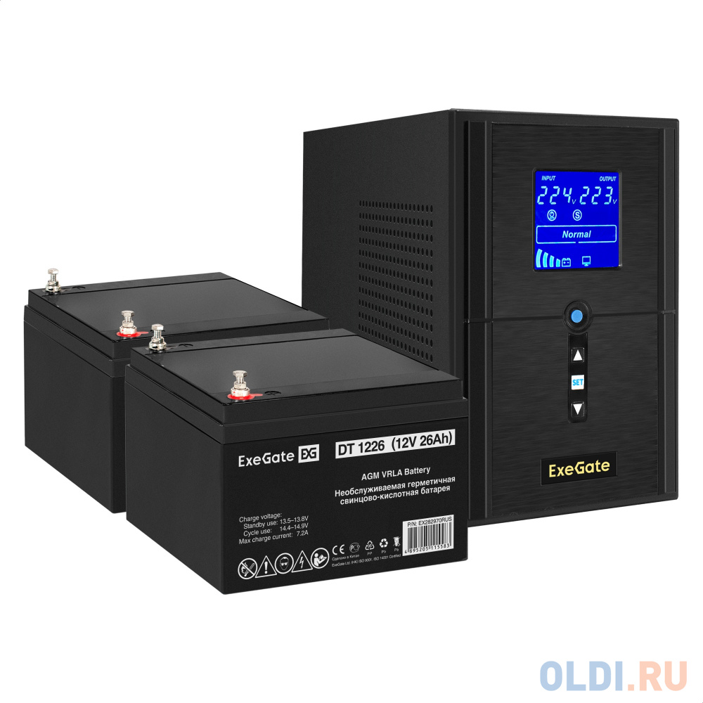 Комплект ИБП EX295987RUS + батарея 26Aч EX282970RUS 2шт (инвертор, синус, для котла) ExeGate SineTower SZ-1000.LCD.AVR.2SH.1C13.USB <1000VA/800W, ч