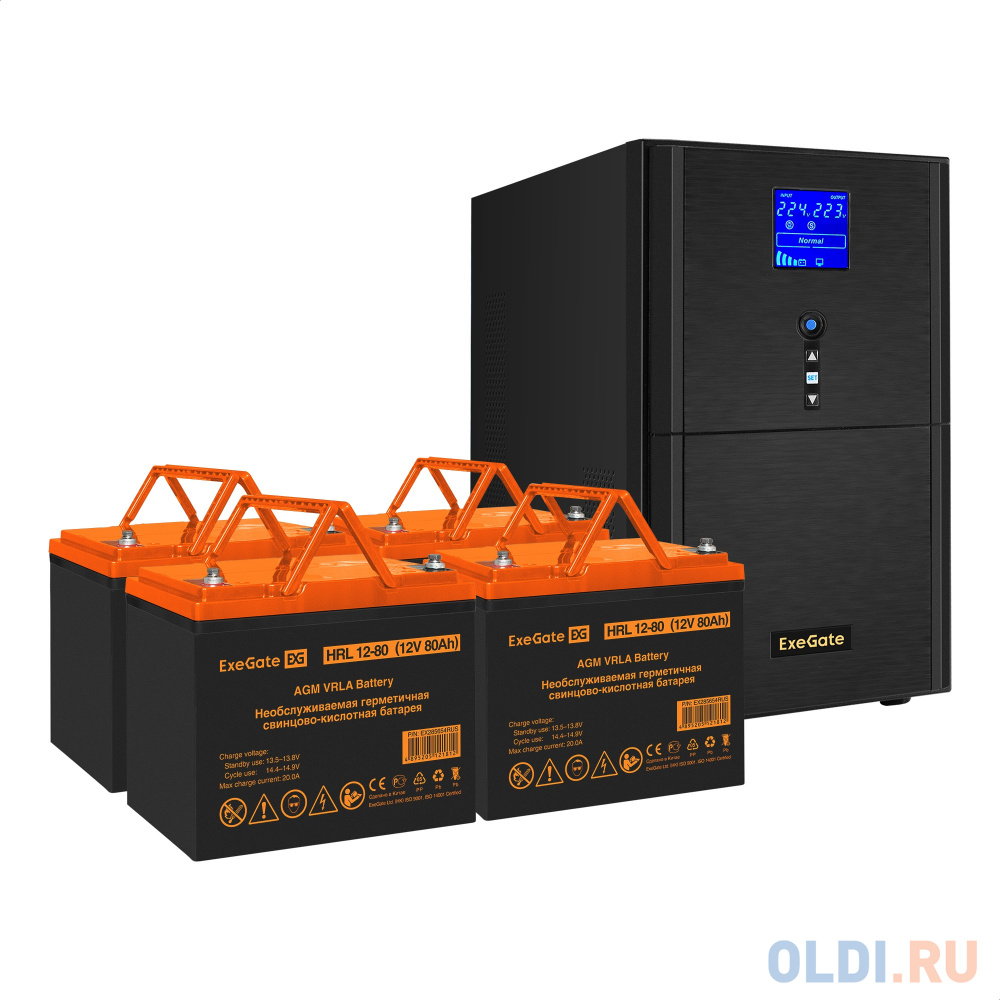   ОЛДИ Комплект ИБП EX295991RUS + батарея 80Aч EX285654RUS 4шт (инвертор, синус, для котла) ExeGate SineTower SZ-5000.LCD.AVR.2SH.1C13.T.RJ.USB <5000VA/40