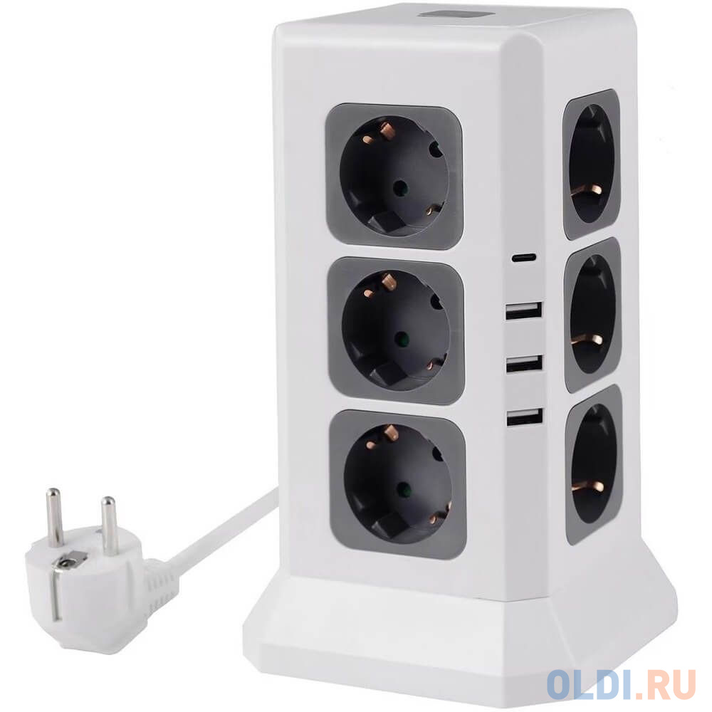 ROCKETSOCKET Удлинитель Tower Extended 12 Euro 16A, 4 USB 3A+C с блоком 5В/3.4А, кабель 2,0 м цвет белый GNS5004