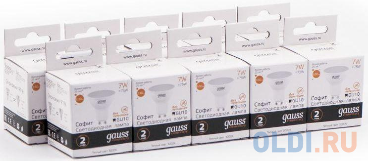Лампа светодиодная Gauss Elementary MR16 7Вт цок.:GU10 спот 220B 3000K св.свеч.бел.теп. (упак.:10шт) (13617)