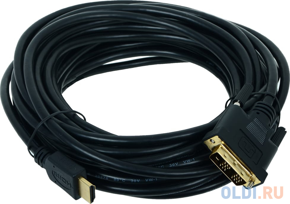 Кабель HDMI - DVI 19M/19M Single Link Gembird 10м, черный, позол.разъемы, экран, пакет CC-HDMI-DVI-10MC