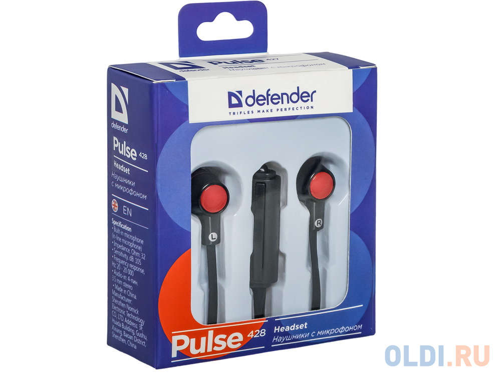 Гарнитура Defender Pulse-428 Black/red 4-пин 3,5 мм jack, кабель-1,2м