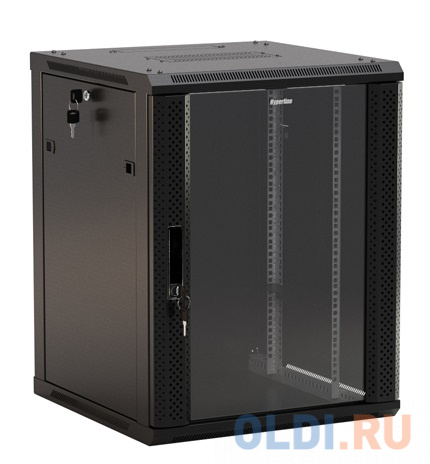 Hyperline TWB-0966-GP-RAL9004 Шкаф настенный 19-дюймовый (19"), 9U, 500x 600х 600мм, стеклянная дверь с перфорацией по бокам, ручка с замком, цве