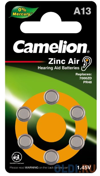 Camelion  ZA13 BL-6 Mercury Free (A13-BP6(0%Hg), батарейка для слуховых аппаратов, 1.4 V,280mAh)  (6 шт. в уп-ке)