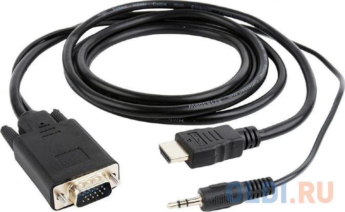 Кабель HDMI-VGA Cablexpert, 19M/15M + 3.5Jack, 1.8м, черный, позол.разъемы, пакет