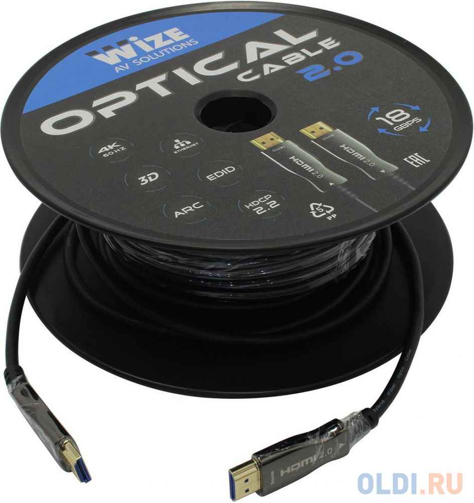 Кабель HDMI Wize [AOC-HM-HM-10M] оптический, 10 м, 4K/60HZ 4:4:4, v.2.0, ARC, 19M/19M, HDCP 2.2, Ethernet, черный, коробка