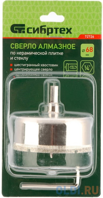 Сверло по керамической плитке и стеклу, 68 х 55 мм, 6 гр.хв-к, с центр. сверлом// Сибртех