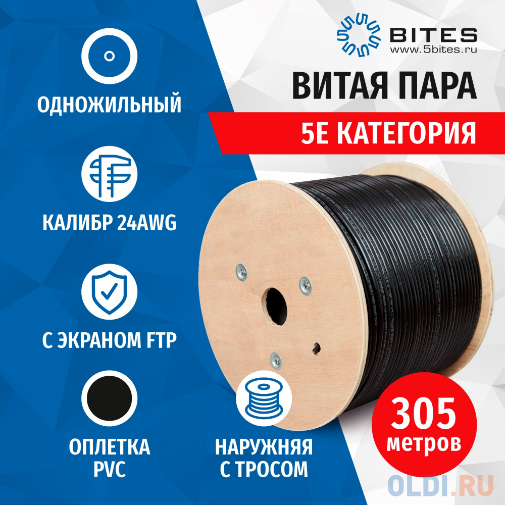 5bites Кабель FS5500-305APE-M FTP / SOLID / 5E / CCAG / PE / BLACK / OUTDOOR / MESSENGER / DRUM / 305M