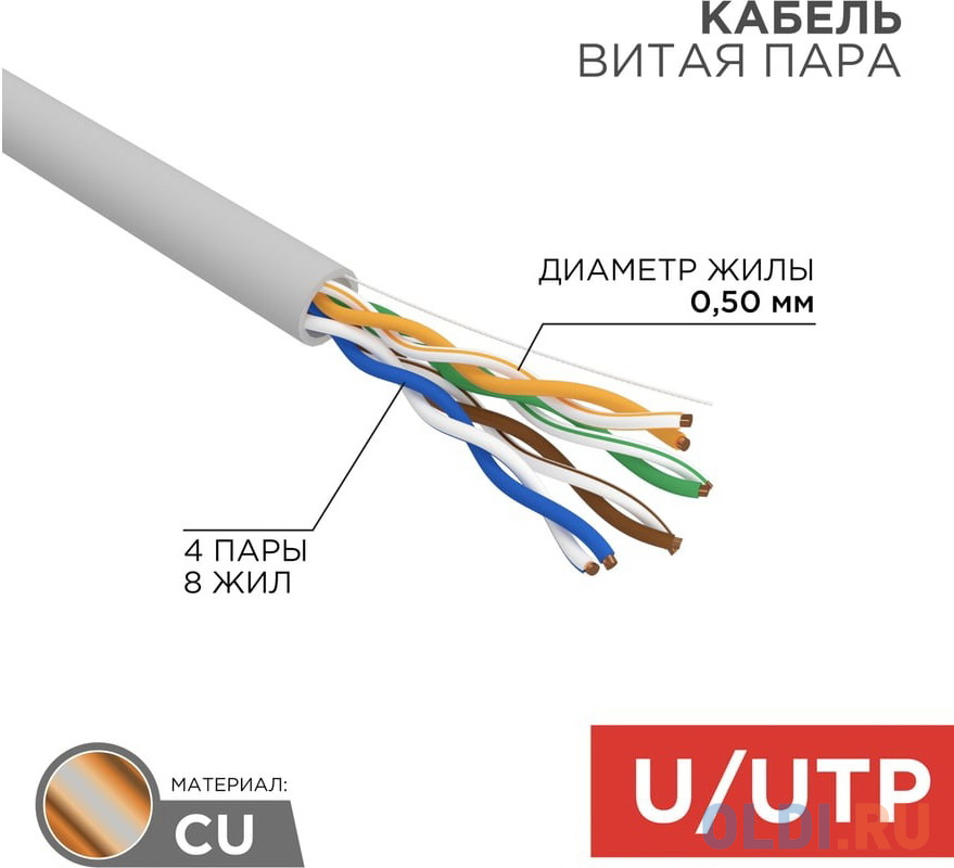 REXANT (01-0043-R) Кабель витая пара U/UTP, CAT 5e, PVC, 4PR, 24AWG, INDOOR, SOLID, серый, 305м, РФ