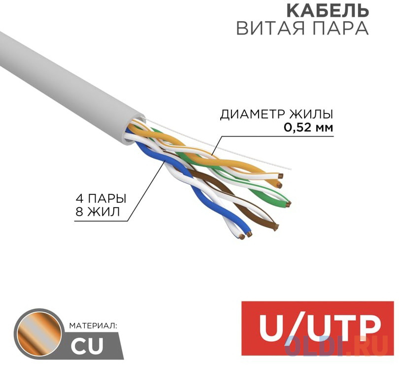 REXANT (02-0005 ) Кабель витая пара U/UTP, CAT 5e, PVC, 4х2х0,52 мм, 24AWG, INDOOR, SOLID, серый, 305 м