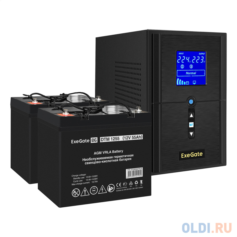 Комплект ИБП EX295987RUS + батарея 55Aч EX285667RUS 2шт (инвертор, синус, для котла) ExeGate SineTower SZ-1000.LCD.AVR.2SH.1C13.USB <1000VA/800W, ч