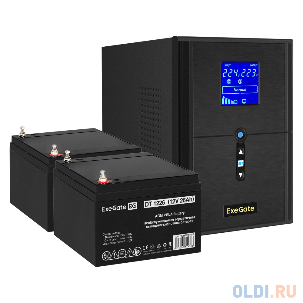 Комплект ИБП EX295989RUS + батарея 26Aч EX282970RUS 2шт (инвертор, синус, для котла) ExeGate SineTower SZ-2000.LCD.AVR.3SH.1C13.USB <2000VA/1600W,